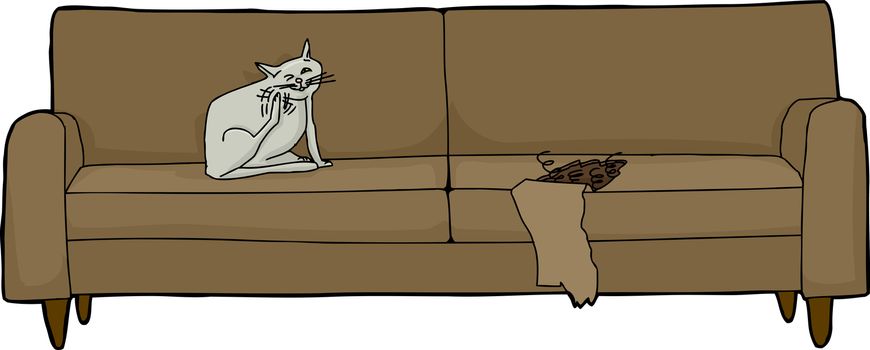 Cartoon of cat scratching himself on sofa with torn cushion