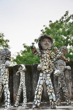 Chandigarh, India - January 4, 2015: Rock statues at the rock garden on January 4, 2015 in Chandigarh, India. The rock garden was founded by artist Nek Chand in 1957 and is made completely of recycled waste.