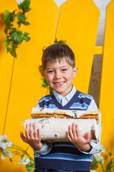 Portrait of a cute little boy with pile of firewood at yellow fence background