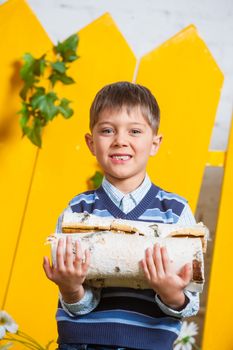 Portrait of a cute little boy with pile of firewood at yellow fence background