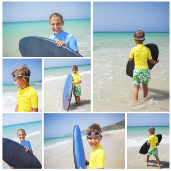 Collage of images kids in blue has fun surfing