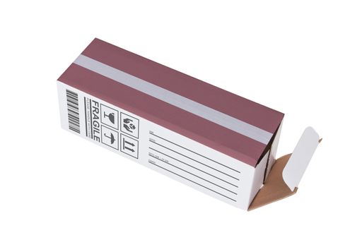 Concept of export, opened paper box - Product of Latvia
