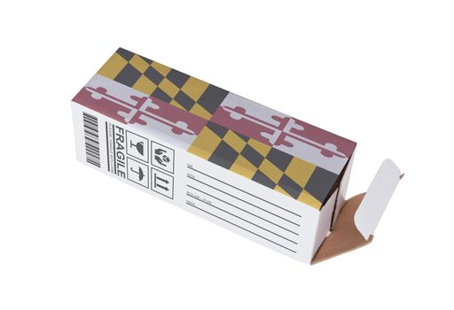 Concept of export, opened paper box - Product of Maryland