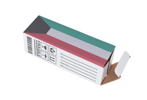 Concept of export, opened paper box - Product of Kuwait