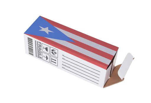 Concept of export, opened paper box - Product of Puerto Rico
