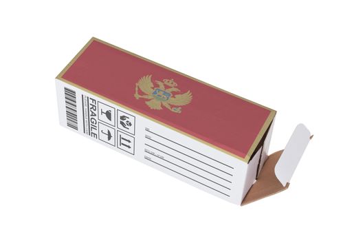 Concept of export, opened paper box - Product of Montenegro