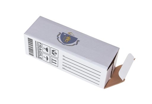 Concept of export, opened paper box - Product of Massachusetts