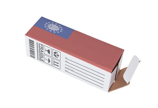 Concept of export, opened paper box - Product of Myanmar