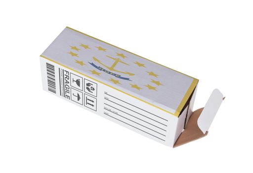Concept of export, opened paper box - Product of Rhode Island