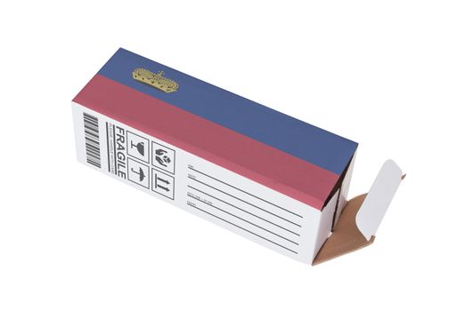 Concept of export, opened paper box - Product of Lichtenstein
