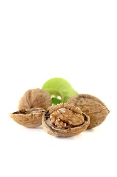 fresh walnuts with walnut leaves on a bright background