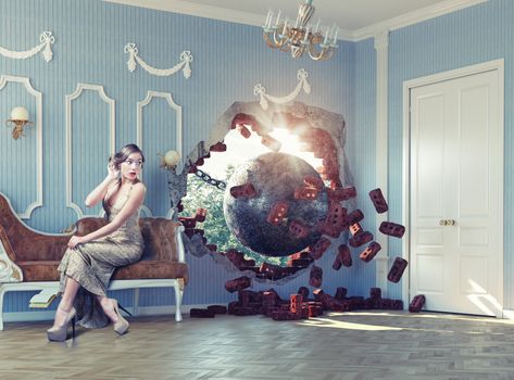 wrecking ball enters the room, scaring the woman on the sofa. Photo combination creative concept