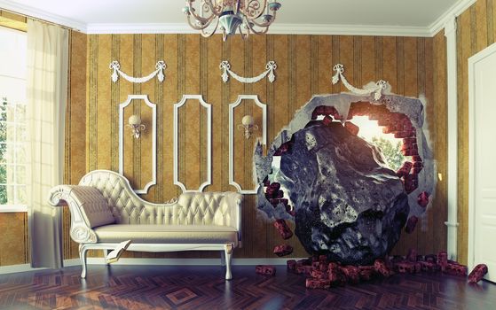 Meteorite enters the room. Photo combination creative concept