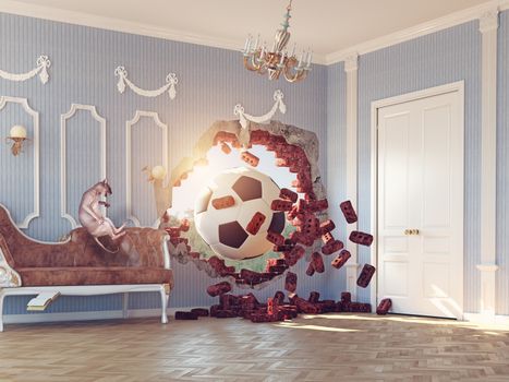 soccer ball break wall in the luxury room. 3d creative concept