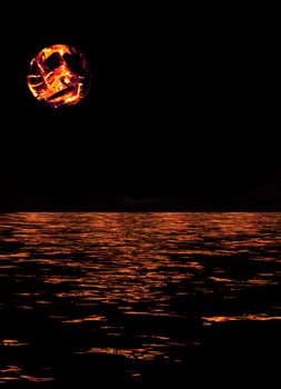 Night landscape with the fiery moon reflected on the water surface