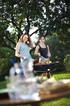 Two girls on grill, natural colorful tone