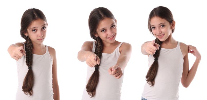 Collage of a young girl pointing at the camera. Isolated on white background