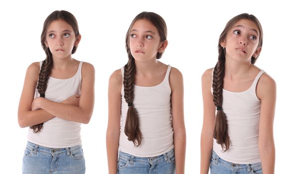 Collage of a young girl bored and angry. Isolated on white background