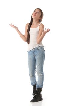 Young girl very frustrated isolated on white background