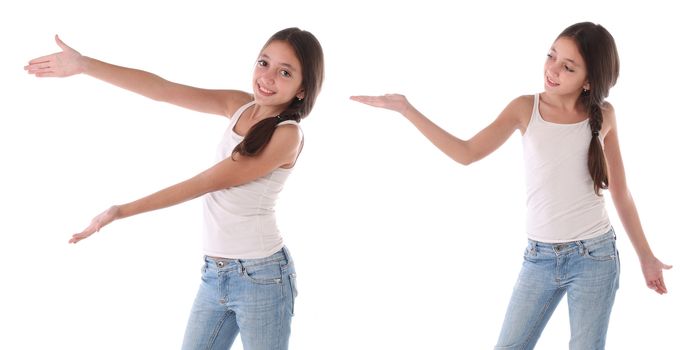 Collage of a young girl holding blank copy space with her palm