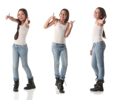 Collage of a lovely young girl doing positive signs. Isolated on white