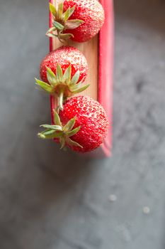 Strawberries and  red cook book on a dark table