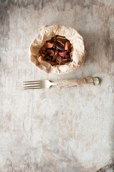 food background fork and dried apples, background for menu