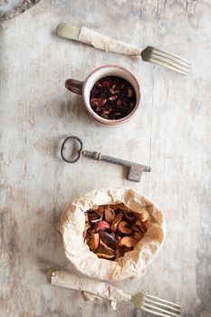 food background fork and dried apples, diet concept