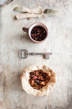 food background fork and dried apples, diet concept