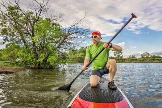 senior male paddler kneeling on his stand up paddleboard, a local lake in Colorado