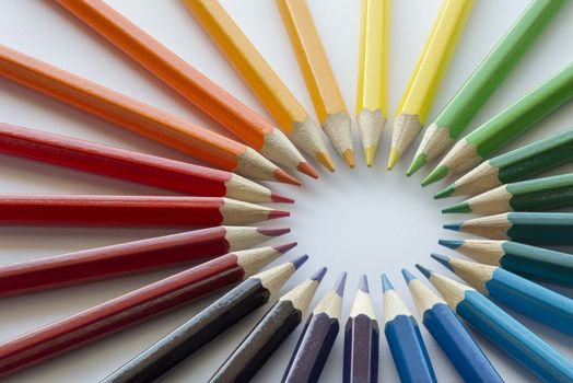 Abstract composition of complementary cirkel with color pencils against a white background