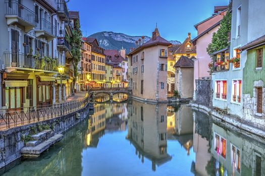 Quai de l'Ile and canal in Annecy old city by night, France, HDR