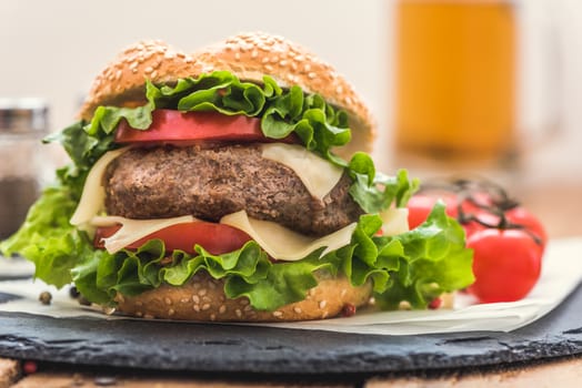 Closeup of Homemade Hamburger with Fresh Vegetables