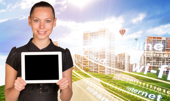Businesslady holding tablet and cityscape under blue sky with balloons and waves