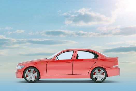 Red car on blue sky background, side view
