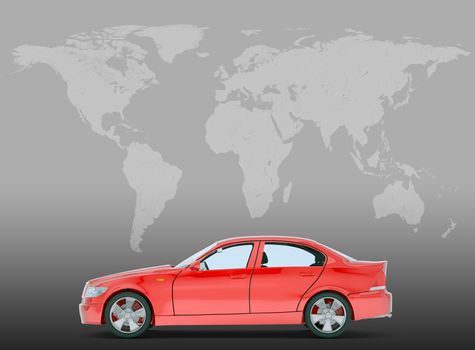 Red car on grey background with world map