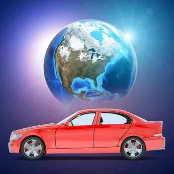 Red car on colorful background, side view. Elements of this image furnished by NASA
