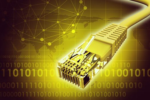 Golden computer cable on abstract yellow background with world map and molecule