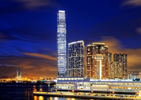 Kowloon office buildings at night, hong kong