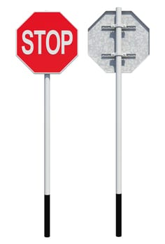 Octagonal road sign with word stop. Front and back view. Isolated on white background