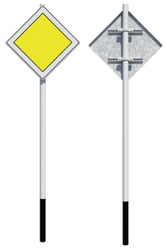 Square yellow road sign. Front and back view. Isolated on white background