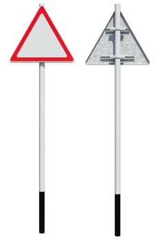 Triangle road sign. Front and back view. Isolated on white background