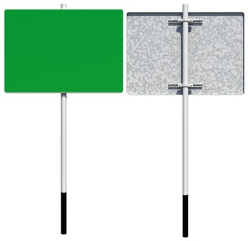 Rectangle green road sign. Front and back view. Isolated on white background