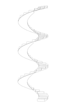 Wire-frame spiral stairs. Front view. Three full turns. Isolated on white background