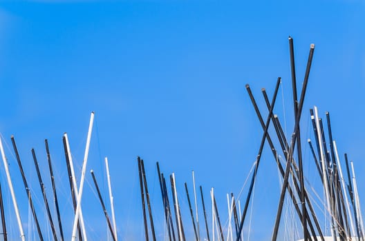 Various masts of sailboats against blue sky.