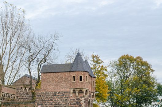 Medieval city gate of the fortress Zons, the South Gate photographed from the side.