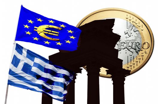 Greece and the European Union flag. In the background 1 euro.