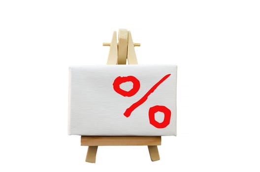 Miniature artist easel, isolated on white with percent sign.