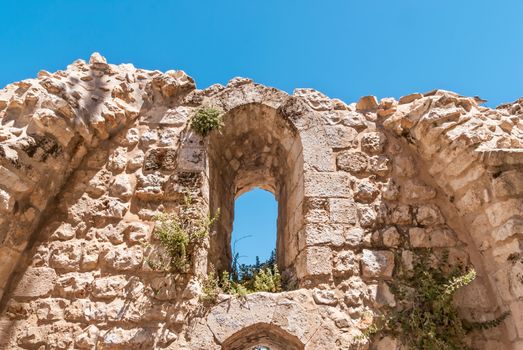 Wall of the ruins of Byzantine church near St. Anne Church and pool of Bethesda in Jerusalem