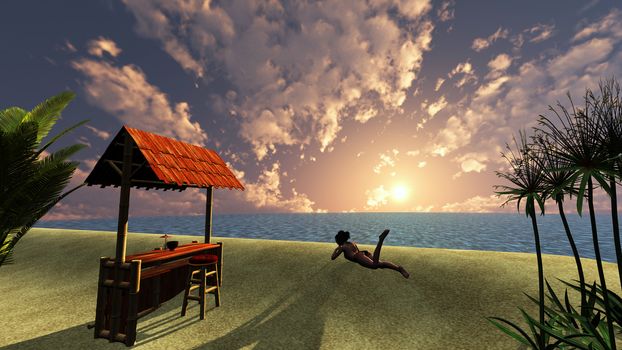 Young woman at Sunset over the ocean with tropical palm trees and a summer small bar. 